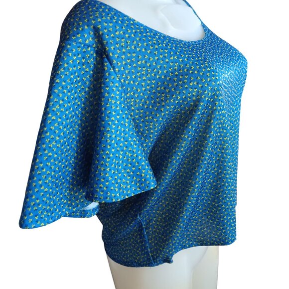 Vintage Medium Crop Peasant Top 1of1 Handmade 1970's Blue Yellow Floral Granny - Picture 3 of 5